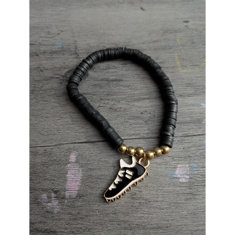 Handmade Black Heishi Bead Stretch Bracelet with Sneaker Track Shoe Charm Sporty